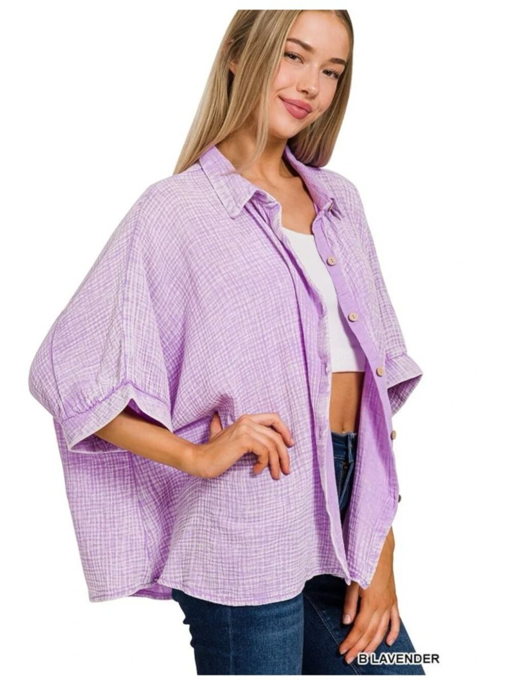 Zenana Double Gauze 3/4 Sleeve Button Up Shirt Lavender Teal Size L/XL - Picture 2 of 2